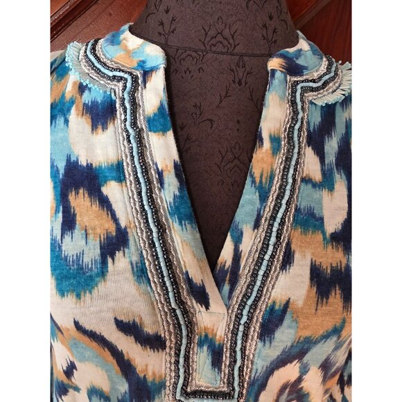 Chicos 3/4 Sleeve V-Neck Tunic Top OO/XS Blue Multicolor Ikat Pattern Beaded Tri - Picture 2 of 7